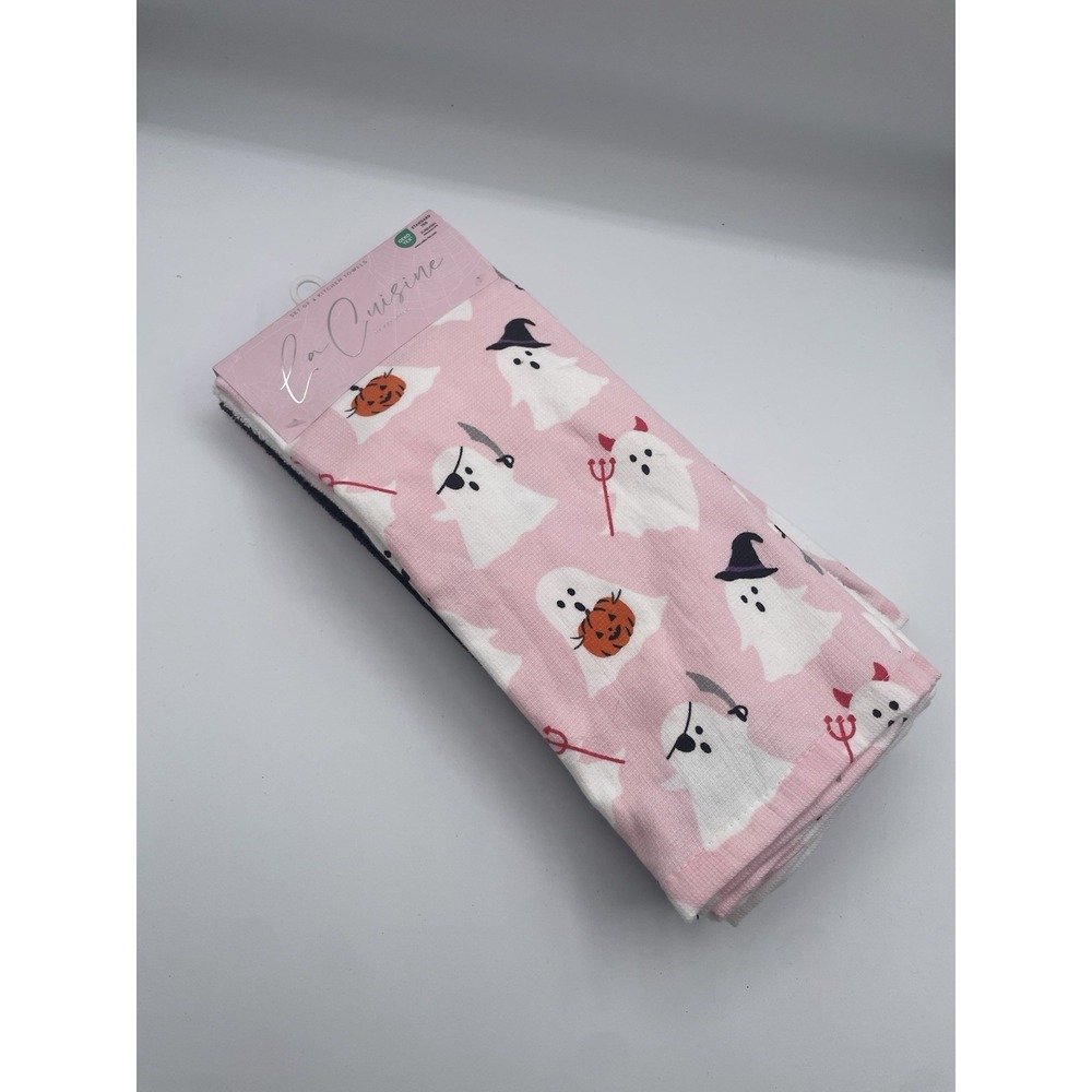 La Cuisine Set‎ Of 4 Halloween Ghost Kitchen Towels Pink Black White New